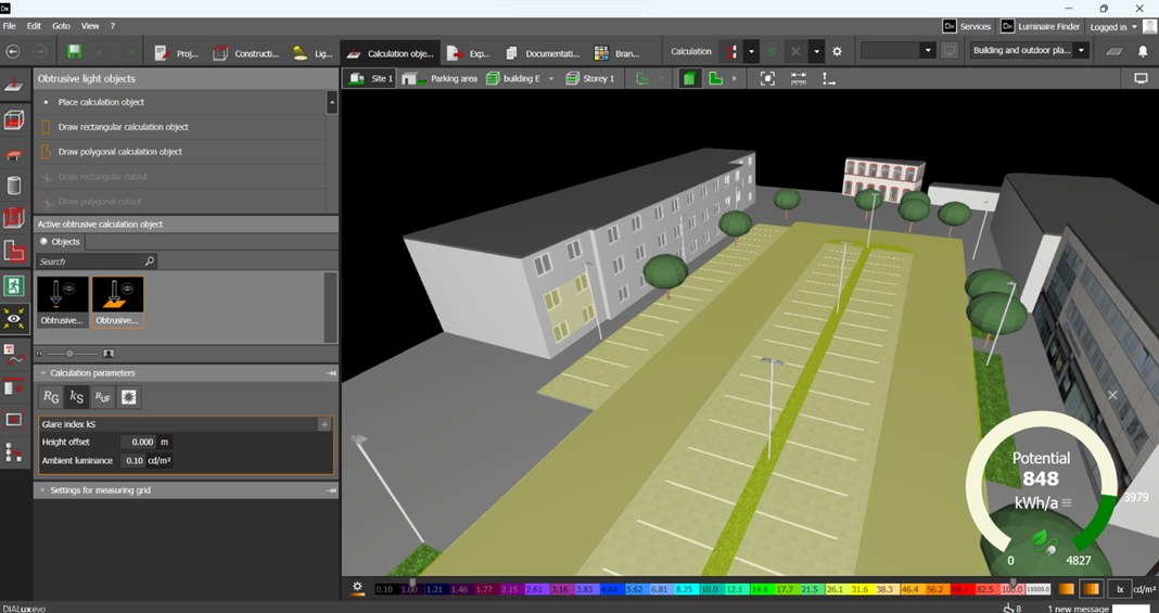 Simulación de iluminación exterior en DIALux evo con mapa de colores de iluminancia